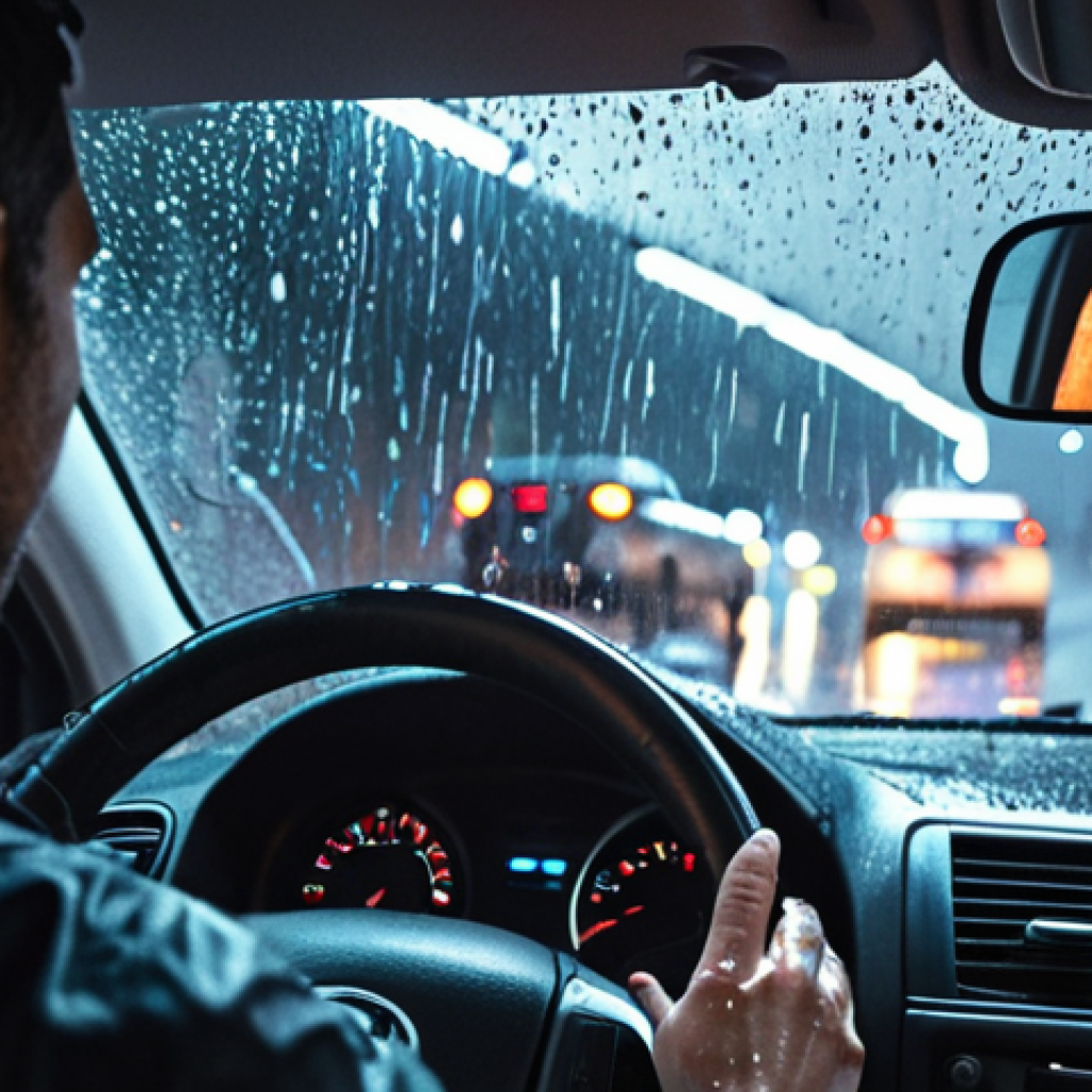 **

Prompt: A calm and collected driver in a stressful traffic situation. Focus on their focused expression and hands firmly on the wheel. Rain splatters on the windshield, blurring the city lights. The scene should convey a sense of responsibility and control amidst chaos. Realistic, cinematic lighting, 8k.

**