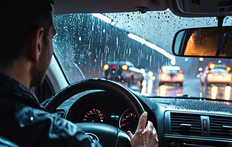 **

Prompt: A calm and collected driver in a stressful traffic situation. Focus on their focused expression and hands firmly on the wheel. Rain splatters on the windshield, blurring the city lights. The scene should convey a sense of responsibility and control amidst chaos. Realistic, cinematic lighting, 8k.

**