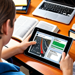 **Image Prompt 1:** A young adult studying diligently at a desk, surrounded by open textbooks on traffic laws, a highlighted reference book, and a tablet displaying a driving simulator app. The scene should convey focused learning and preparation for the written driving test. Consider a slightly cluttered but organized workspace with a warm, inviting light.