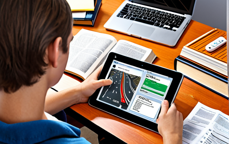 **Image Prompt 1:** A young adult studying diligently at a desk, surrounded by open textbooks on traffic laws, a highlighted reference book, and a tablet displaying a driving simulator app. The scene should convey focused learning and preparation for the written driving test. Consider a slightly cluttered but organized workspace with a warm, inviting light.