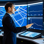 A professional road traffic expert, fully clothed in a modest business suit, stands within a cutting-edge traffic control center. Large, curved screens display dynamic real-time traffic data, AI-driven predictions, and intricate urban mobility maps. The expert is focused, gently touching a holographic display or a control console, demonstrating deep analysis of urban traffic flow. The modern room is brightly lit with ambient blue and white lights, emphasizing advanced technology and complex data. Perfect anatomy, correct proportions, natural pose, well-formed hands, proper finger count. Professional photography, high detail, realistic, safe for work, appropriate content, fully clothed, professional.