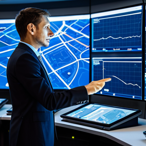 A professional road traffic expert, fully clothed in a modest business suit, stands within a cutting-edge traffic control center. Large, curved screens display dynamic real-time traffic data, AI-driven predictions, and intricate urban mobility maps. The expert is focused, gently touching a holographic display or a control console, demonstrating deep analysis of urban traffic flow. The modern room is brightly lit with ambient blue and white lights, emphasizing advanced technology and complex data. Perfect anatomy, correct proportions, natural pose, well-formed hands, proper finger count. Professional photography, high detail, realistic, safe for work, appropriate content, fully clothed, professional.