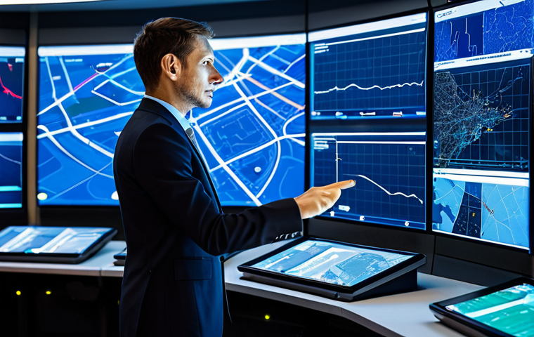 A professional road traffic expert, fully clothed in a modest business suit, stands within a cutting-edge traffic control center. Large, curved screens display dynamic real-time traffic data, AI-driven predictions, and intricate urban mobility maps. The expert is focused, gently touching a holographic display or a control console, demonstrating deep analysis of urban traffic flow. The modern room is brightly lit with ambient blue and white lights, emphasizing advanced technology and complex data. Perfect anatomy, correct proportions, natural pose, well-formed hands, proper finger count. Professional photography, high detail, realistic, safe for work, appropriate content, fully clothed, professional.
