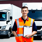 A confident professional truck driver, fully clothed in a practical and modest work uniform with reflective elements, standing in a modern logistics hub. In the background, various sized commercial trucks (light, medium, heavy-duty) are neatly parked or being loaded, with a bustling yet organized atmosphere. The driver is holding a clipboard and engaged in overseeing operations, embodying professionalism and competence. Perfect anatomy, correct proportions, natural pose, well-formed hands, proper finger count, natural body proportions, safe for work, appropriate content, fully clothed, professional dress, high-quality, ultra-detailed, professional photography.