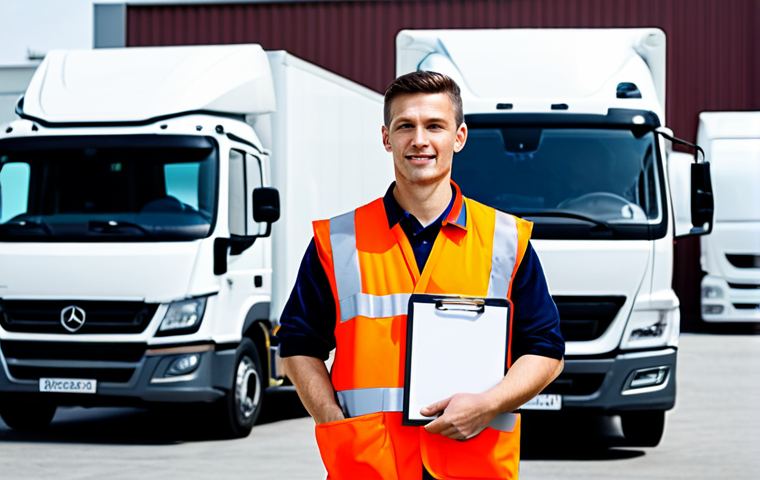 A confident professional truck driver, fully clothed in a practical and modest work uniform with reflective elements, standing in a modern logistics hub. In the background, various sized commercial trucks (light, medium, heavy-duty) are neatly parked or being loaded, with a bustling yet organized atmosphere. The driver is holding a clipboard and engaged in overseeing operations, embodying professionalism and competence. Perfect anatomy, correct proportions, natural pose, well-formed hands, proper finger count, natural body proportions, safe for work, appropriate content, fully clothed, professional dress, high-quality, ultra-detailed, professional photography.