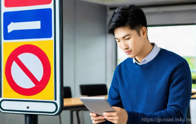 도로교통사 필기시험 대비를 위한 학습 자료 활용 - **Image Prompt: Efficient Mobile Learning on the Go**
    A candid, eye-level shot of a young adult,...