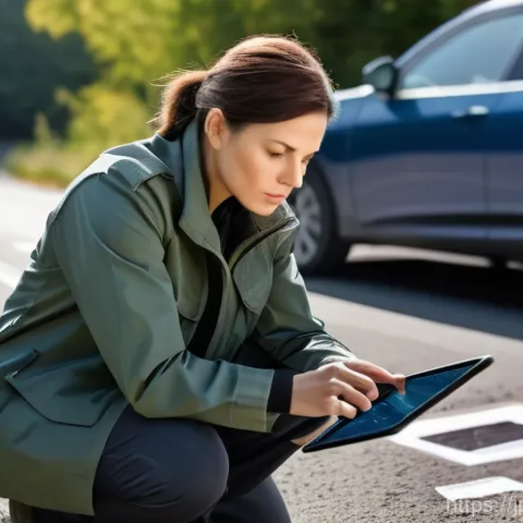 도로교통사 경력직 연봉 상승 사례 - A highly experienced female traffic accident investigator, in her late 30s to early 40s, is meticulo...