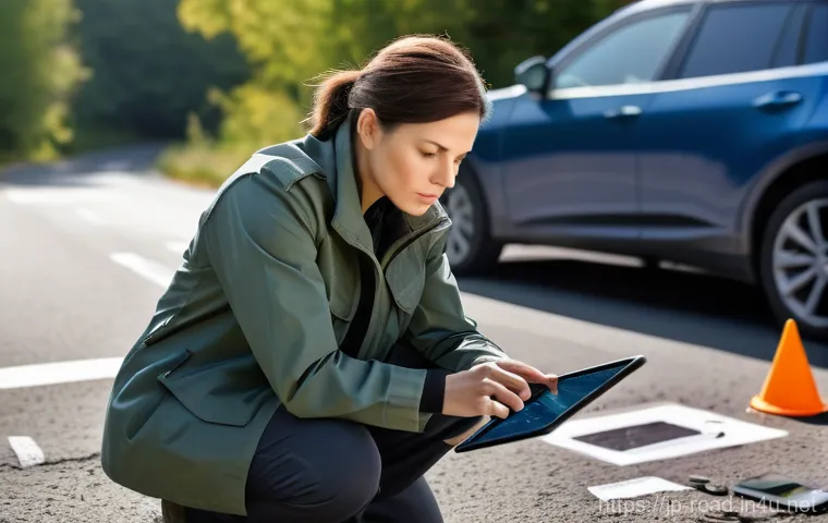 도로교통사 경력직 연봉 상승 사례 - A highly experienced female traffic accident investigator, in her late 30s to early 40s, is meticulo...