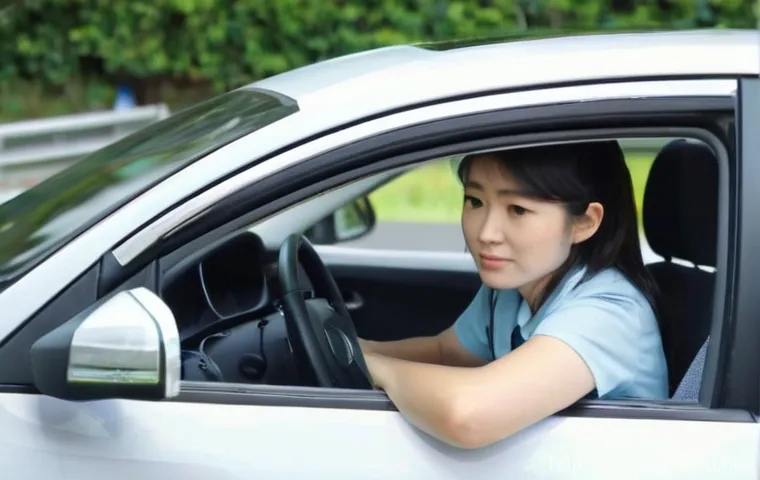 도로교통사 실기시험에서 자주 나오는 문제 - **Prompt for "Thorough Safety Confirmation during Driving Test"**
    "A candid, realistic photograp...