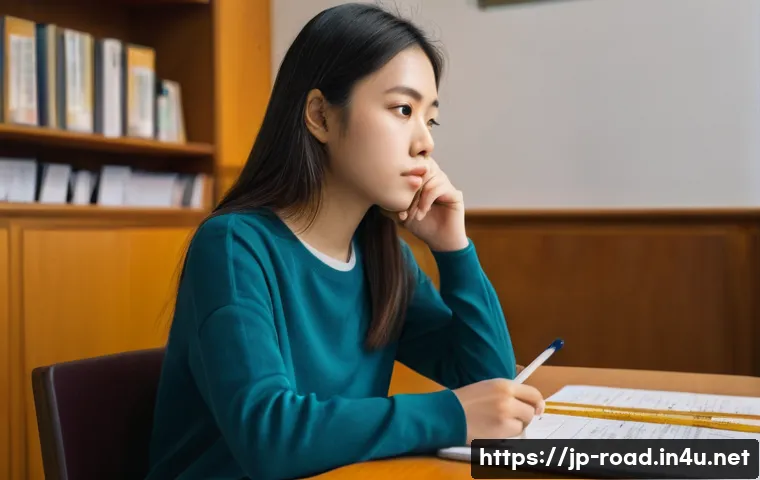 도로교통사 필기시험 고득점을 위한 학습 자료 - A focused young woman, around 19 years old, with neat, shoulder-length hair, is seated at a well-org...
