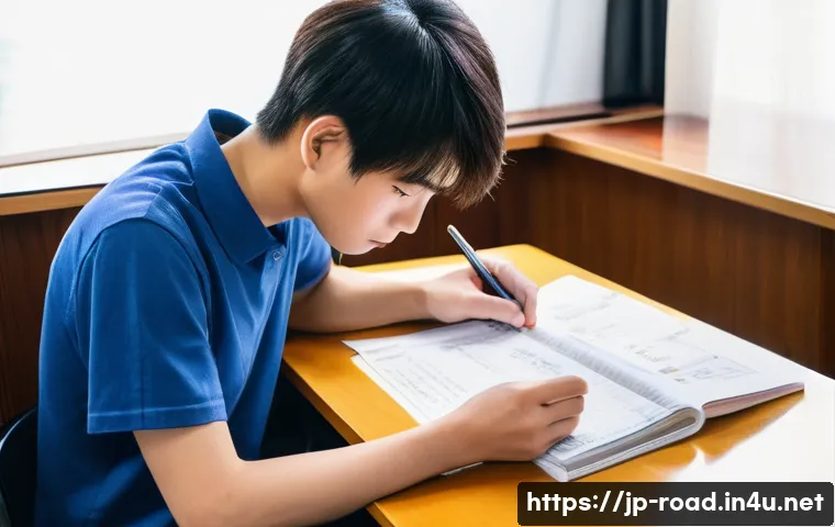도로교통사 필기시험 성공 사례 분석 - **Prompt:** A young Japanese student, perhaps in their late teens or early twenties, sits at a clean...