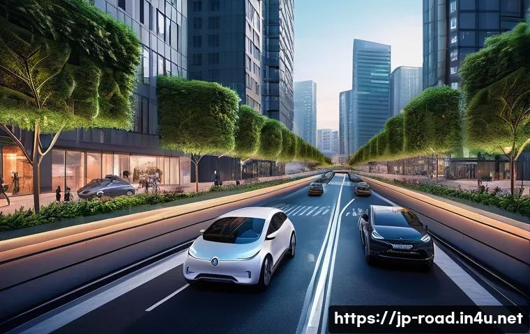 도로교통사 경력직으로의 성공적인 전환 - **Prompt:** A dynamic, high-angle view of a futuristic smart city at twilight, showcasing an intelli...