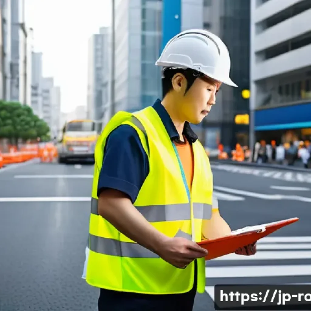 도로교통사 자격증 취득 후의 주요 변화 - A professional Japanese traffic safety officer in modern urban construction site setting, wearing a ...