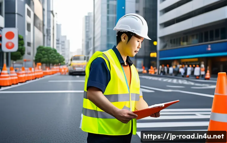 도로교통사 자격증 취득 후의 주요 변화 - A professional Japanese traffic safety officer in modern urban construction site setting, wearing a ...