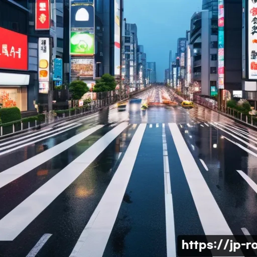 도로교통사 실무에서의 문제 해결 사례 - A busy Japanese urban intersection during evening rush hour, featuring multiple traffic lanes with c...