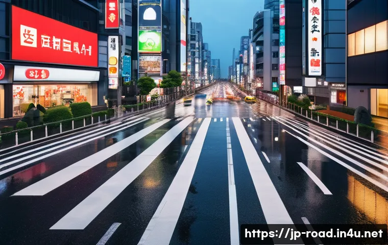 도로교통사 실무에서의 문제 해결 사례 - A busy Japanese urban intersection during evening rush hour, featuring multiple traffic lanes with c...