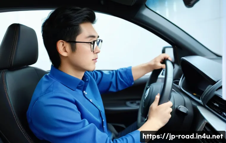 도로교통사 실기시험 합격을 위한 실습 팁 - A young Japanese learner driver practicing clutch and gear shifting smoothly in a modern driving sch...
