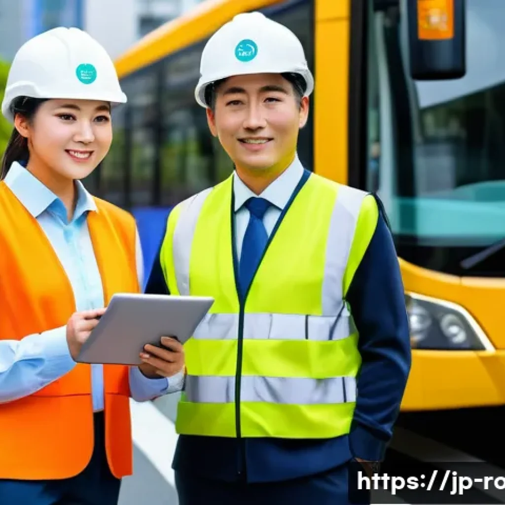 도로교통사 경력직 연봉 변화 추이 - A modern Japanese urban street scene showing diverse road transportation workers during their shifts...