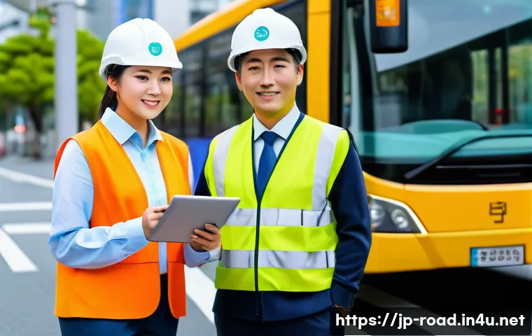 도로교통사 경력직 연봉 변화 추이 - A modern Japanese urban street scene showing diverse road transportation workers during their shifts...