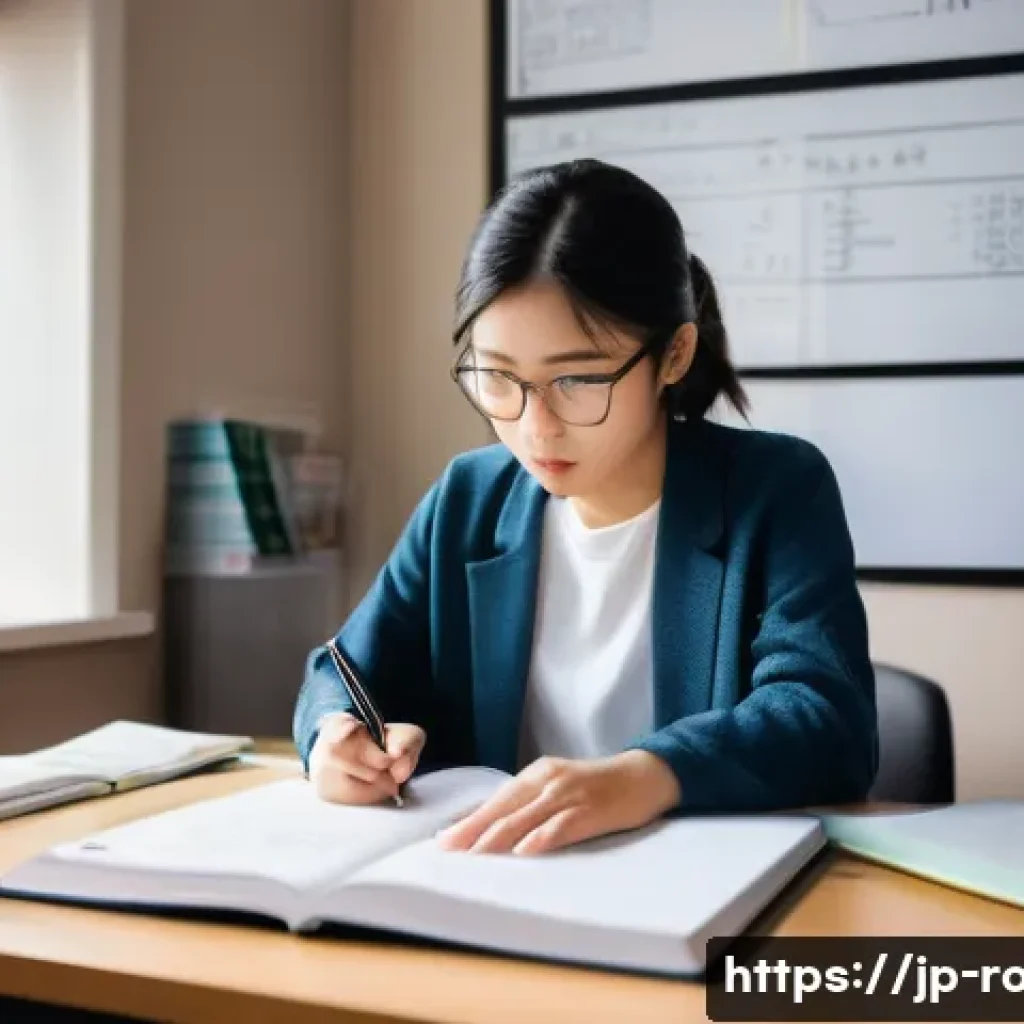 도로교통사 시험 준비를 위한 필수 학습 방법 - A modern Japanese study room scene with a young adult student sitting at a clean desk, surrounded by...