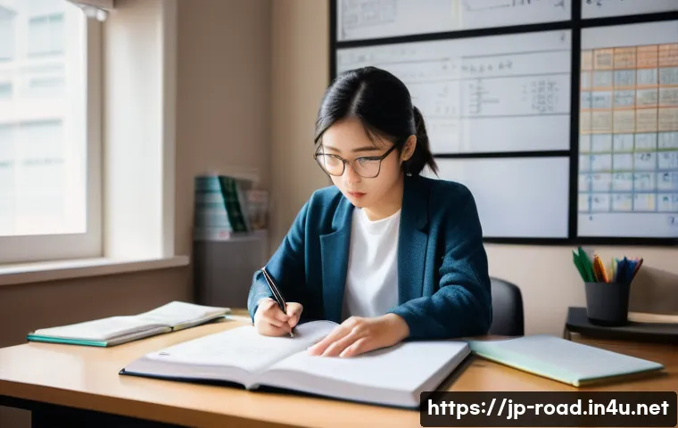 도로교통사 시험 준비를 위한 필수 학습 방법 - A modern Japanese study room scene with a young adult student sitting at a clean desk, surrounded by...