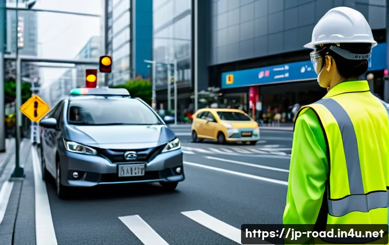 도로교통사 경력 개발을 위한 필수 전략 - A dynamic scene of a Japanese road traffic control site at a complex urban intersection during dayti...