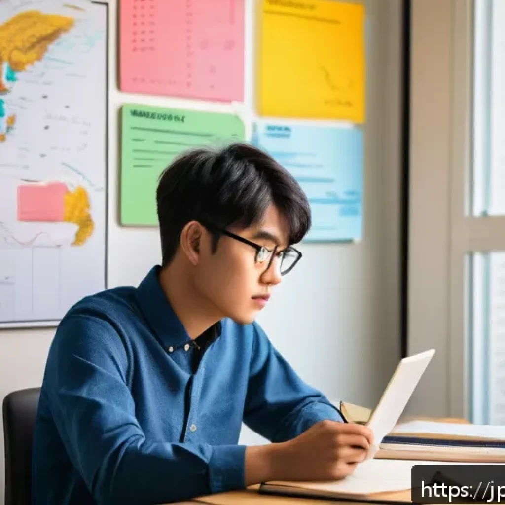 도로교통사 자격증 공부 스케줄 - A focused Japanese student sitting at a neat study desk in a modern home study room, surrounded by t...