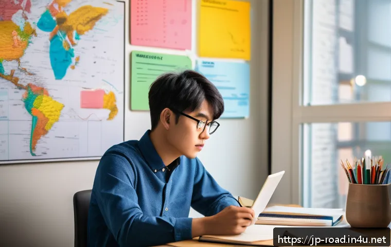 도로교통사 자격증 공부 스케줄 - A focused Japanese student sitting at a neat study desk in a modern home study room, surrounded by t...