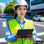 도로교통사 경력 개발 계획 - A professional Japanese road traffic officer wearing a high-visibility safety vest and smart casual ...