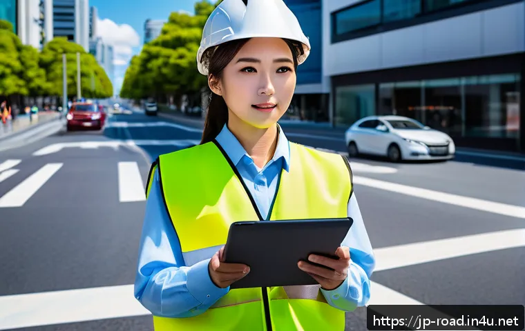 도로교통사 경력 개발 계획 - A professional Japanese road traffic officer wearing a high-visibility safety vest and smart casual ...