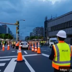 도로교통사 실무 과정에서의 문제 해결 사례 - A busy urban street scene during a large event with heavy vehicle congestion caused by unexpected ro...