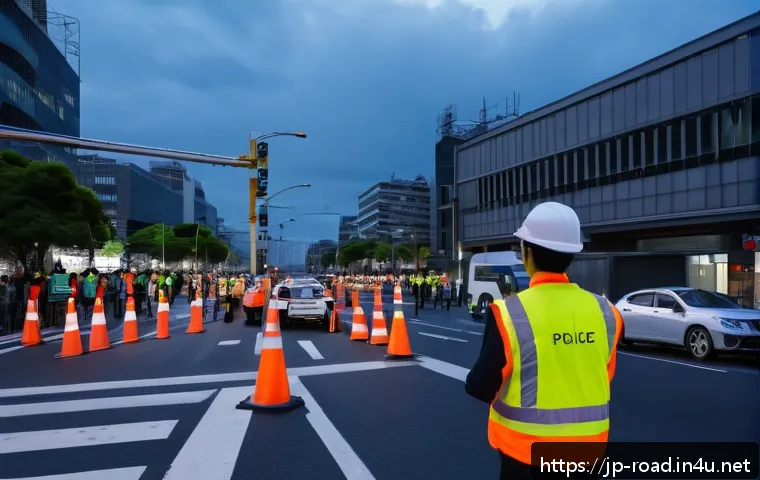 도로교통사 실무 과정에서의 문제 해결 사례 - A busy urban street scene during a large event with heavy vehicle congestion caused by unexpected ro...