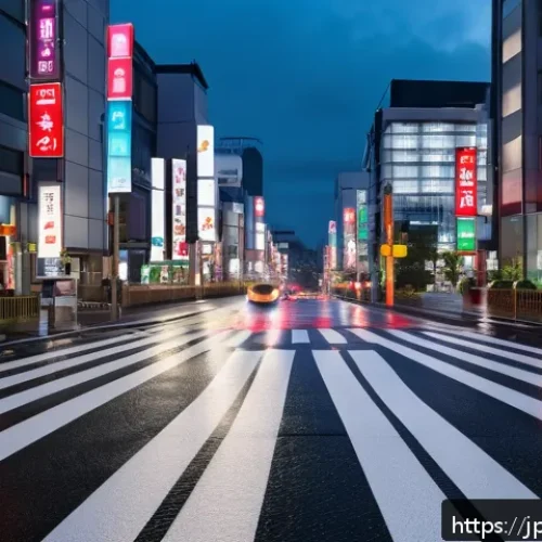 도로교통사 시험의 최신 시험 동향 - A modern urban intersection at dusk in Japan, featuring clear and colorful traffic signs with distin...