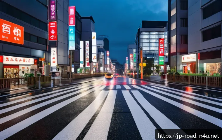 도로교통사 시험의 최신 시험 동향 - A modern urban intersection at dusk in Japan, featuring clear and colorful traffic signs with distin...