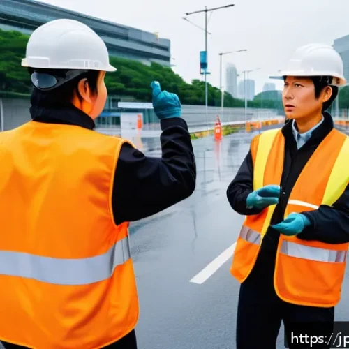 도로교통사 실무에서의 팀워크 - A detailed scene of a Japanese road traffic safety team actively communicating at a busy urban const...