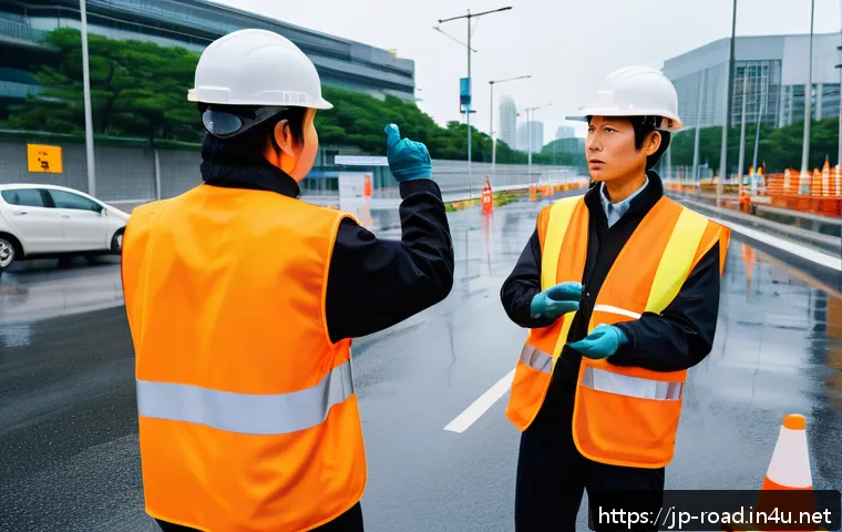 도로교통사 실무에서의 팀워크 - A detailed scene of a Japanese road traffic safety team actively communicating at a busy urban const...