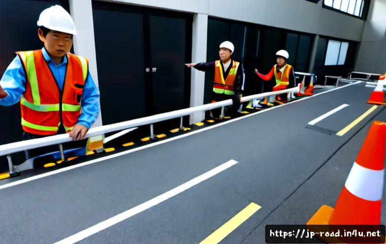 도로교통사 실무 교육 이수 조건 - Photorealistic Japanese road traffic accident practical training classroom, a diverse group of adult...