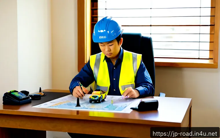 도로교통사 경력직으로의 전환 방법 - Photorealistic Japanese mid-career professional transitioning into a road traffic management career,...