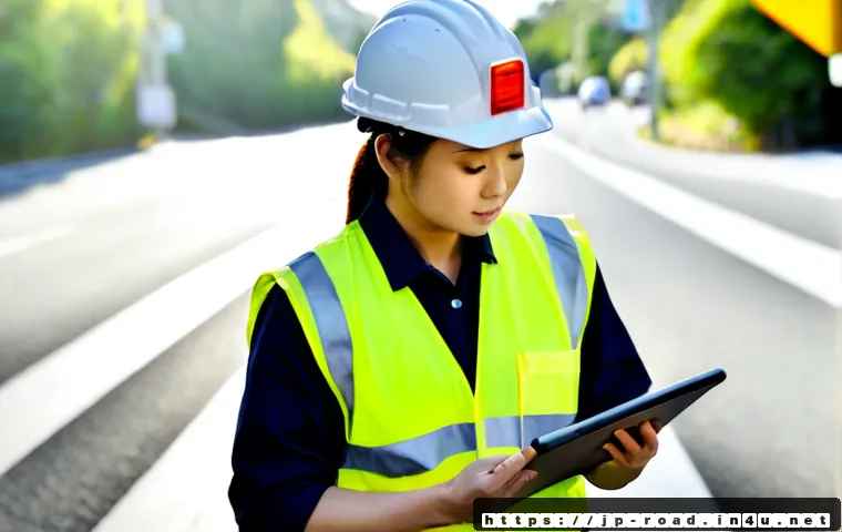 도로교통사 자격증 취득 후 진로 - Photorealistic Japanese road traffic engineer in a reflective safety vest and hard hat conducting a ...
