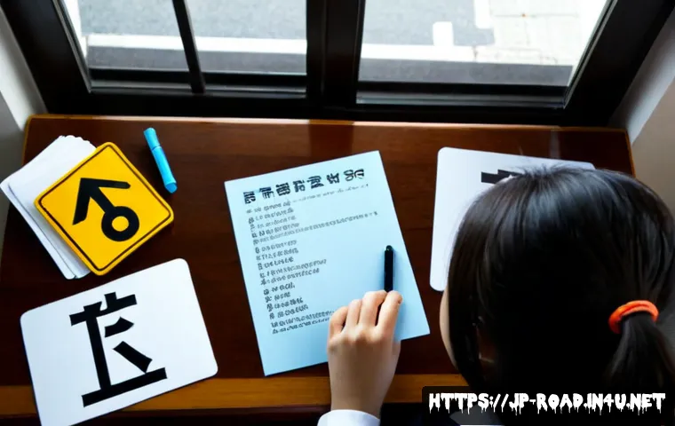 도로교통사 필기시험 대비를 위한 학습 자료 분석 - Photorealistic overhead view of a Japanese learner preparing for a road traffic law written exam, ne...