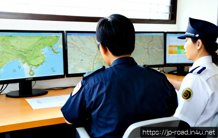 도로교통사 실무에서의 컴퓨터 활용 - Photorealistic Japanese road traffic police operations office, a uniformed traffic officer and civil...