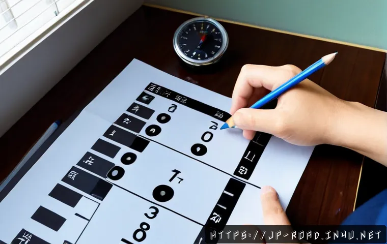 도로교통사 시험의 시간 관리 전략 - Photorealistic Japanese adult learner practicing for a road traffic law exam at a clean desk, analog...