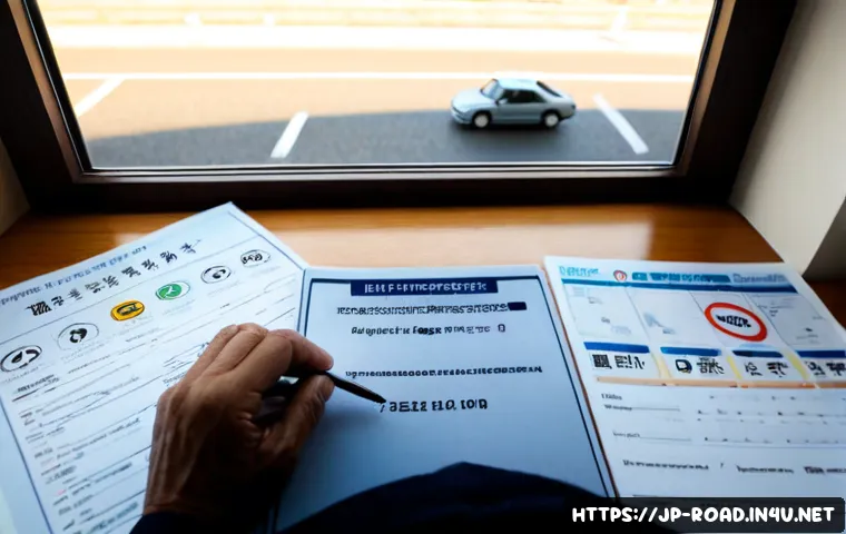 도로교통사 필기시험 기출문제 해설 - Photorealistic Japanese driving license written-test study scene, middle-aged learner seated at a ti...