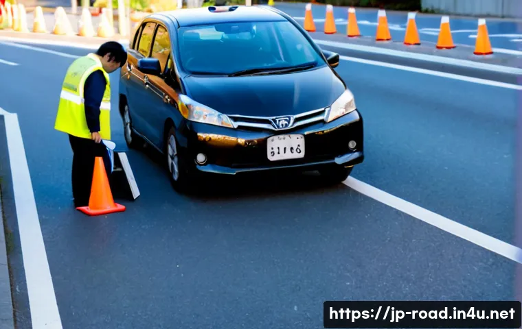 도로교통사 실무에서의 장단점 분석 - Photorealistic Japanese traffic accident investigator at a quiet urban intersection, wearing a refle...